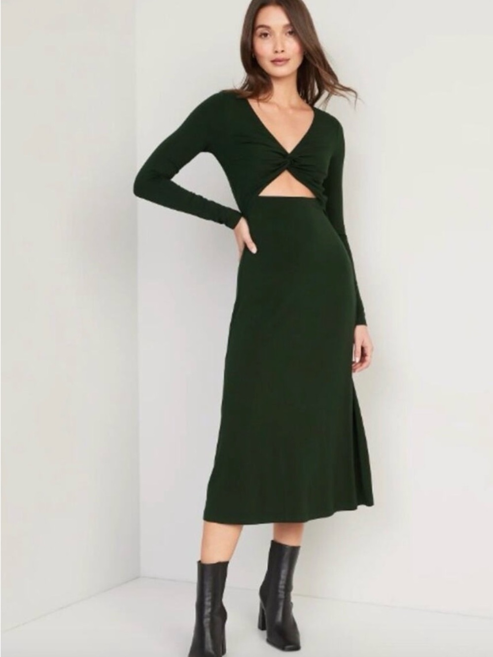 NWT Old Navy Fit & Flare Twist-Front Cutout Midi Dress for Women in Dark Green